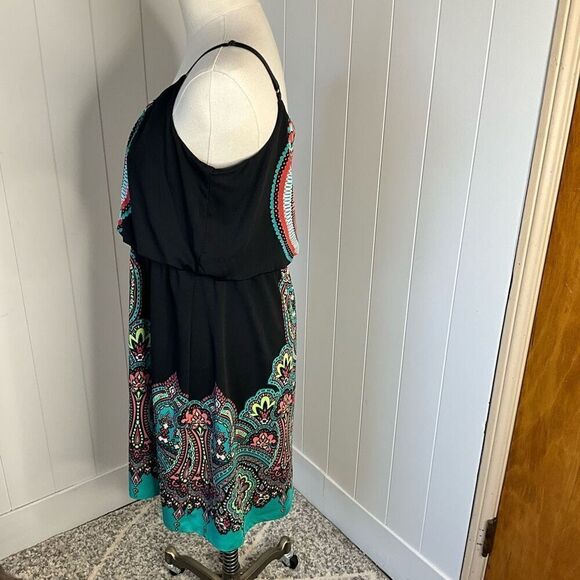 Studio Y Womens Size Large Mini Sundress Black Turquoise Print Adjustable Straps - Picture 8 of 12